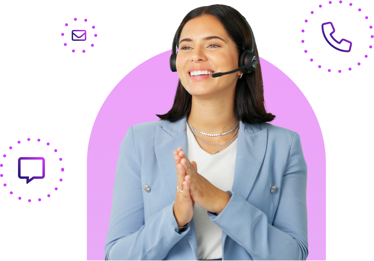 Professional smiling on headset device with gradient icons