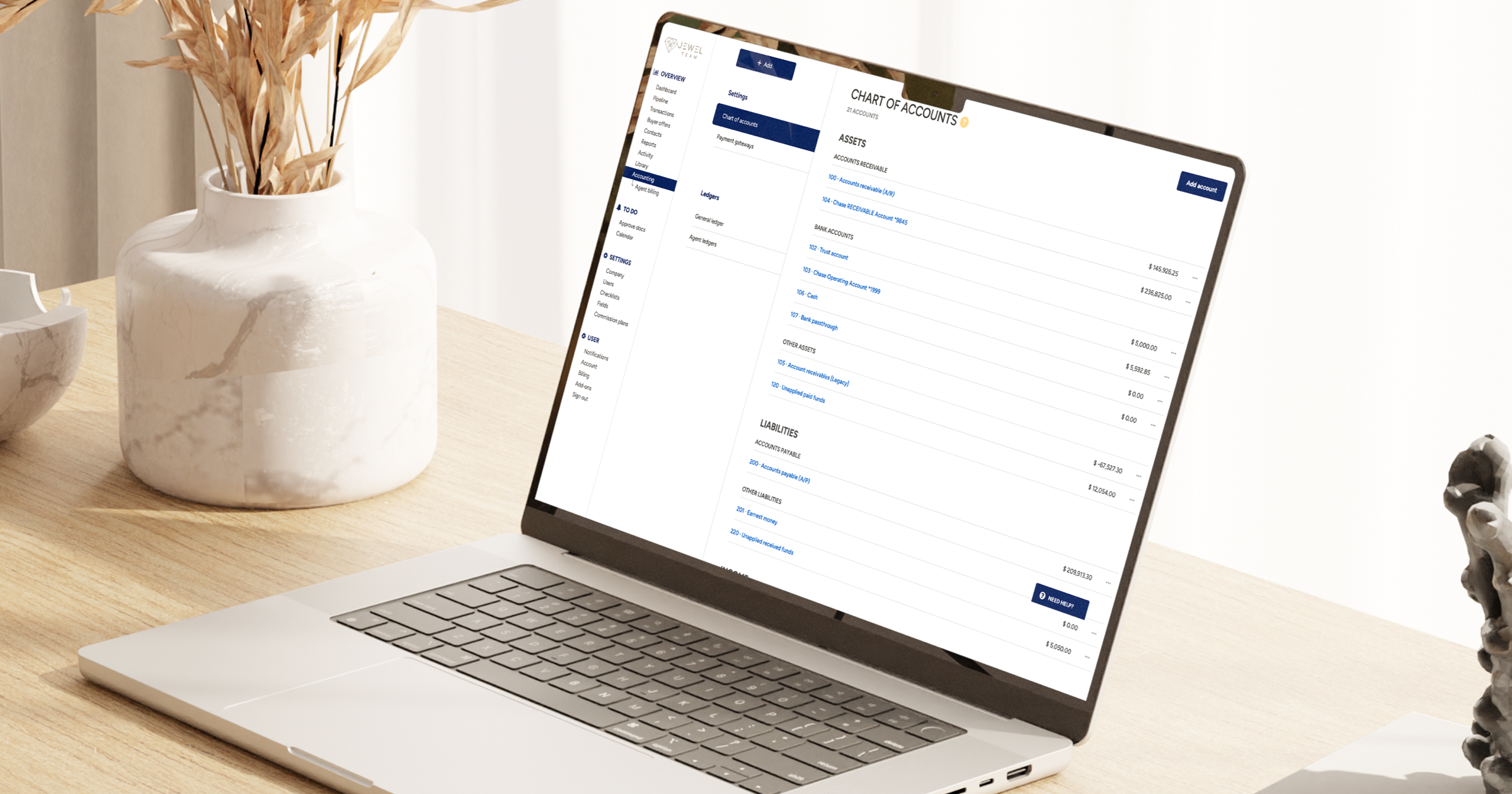 Chart of accounts view on BoldTrail BackOffice platform