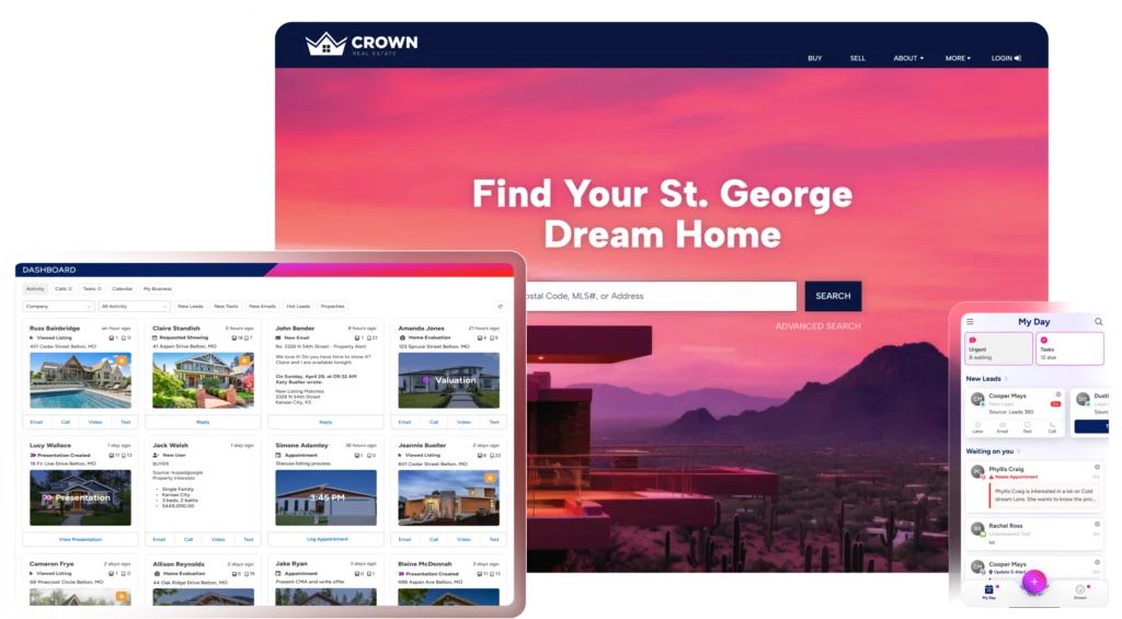 Crown Real Estate website homepage showing St. George property search interface with dashboard and sunset desert background.
